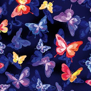 Könnte beinhalten: Ein nahtloses Muster aus bunten Schmetterlingen auf dunkelblauem Hintergrund. Die Schmetterlinge sind in verschiedenen Schattierungen von Rosa, Lila, Blau, Gelb und Orange.