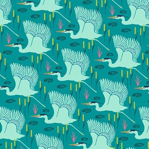 Floral Fabric, Crane Fabric, Floral and Fauna, Emerald Wetlands, Japanese Fabric, Cattail Fabric, by Andover, 9996-T