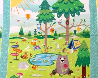 Animal Fabric, Happy Camper, Fabric Panel, Nursery Panel, Nature Fabric, Fox Fabric, Camping Fabric, Bear Fabric, by Benartex, 12840-99