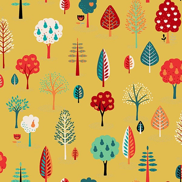 Tree Fabric, Folk Friends, Metallic Fabric, Metallic Gold Fabric, Trees in Yellow, Forest Fabric, Childrens Fabric, by Andover, 2305-Y