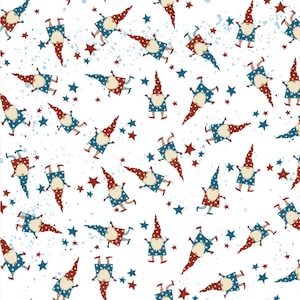 Desfile de gnomos, tecido de gnomos, tecido vermelho, branco e azul, tecido de 4 de julho, Memorial Day, tecido patriótico, tecido de estrelas, Andover, Y3500-1