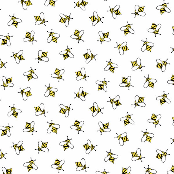 Bee Fabric, White Fabric, Sunflowers and Honey, Day Bees, Yellow and Black bees on White, by Andover Fabrics, 9989-L