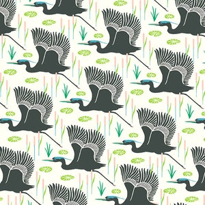 Floral Fabric, Crane Fabric, Floral and Fauna, Shadow Wetlands, Japanese Fabric, Green/Gray Fabric, Cattail Fabric, by Andover, 9996-C