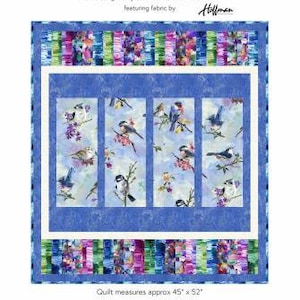 May include: A quilt pattern called "Drifter" designed by SusanClaire/GourmetQuilter featuring fabric by Hollman. The quilt pattern features a blue background with birds and flowers. The quilt measures approximately 45 inches by 52 inches.