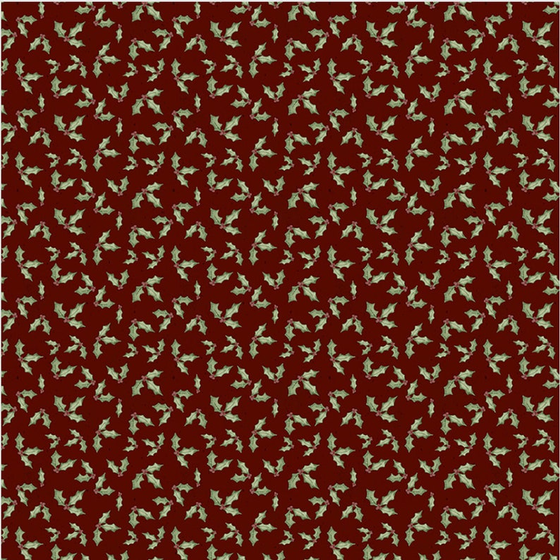 May include: A seamless pattern of green holly leaves with red berries on a dark red background.