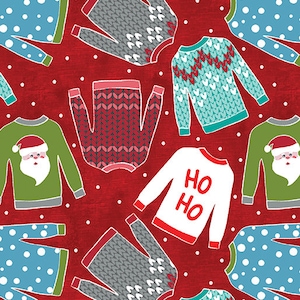 Christmas Fabric, Cozy Sweaters Red Fabric, A Cozy Winter, Winter Fabric, Silver Metallic, Holiday Fabric, Contempo, 13151P-19