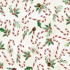 Christmas Fabric, Holiday Sweets, Candy Cane Fabric, Gold Metallic Fabric, Pinecone Fabric, Holly Fabric, Hoffman California, U4993-33G