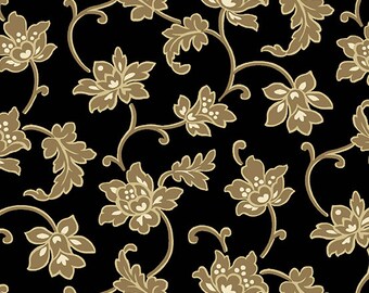 Rose Fabric, Floral Fabric, Belle Rose, Trumpetvine Black, Vine Fabric, Black Brown Floral Fabric, by Andover, 9717-K