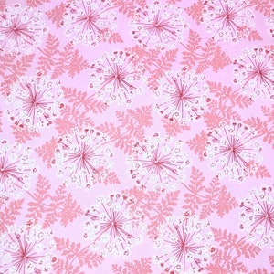 May include: Pink fabric with a repeating pattern of white and pink stylized flowers. A ruler is visible at the bottom of the image.