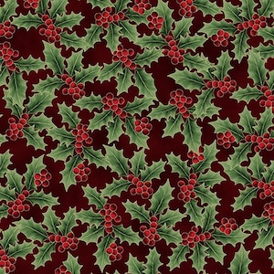 Christmas Fabric, Holiday Wishes, Gold Metallic Fabric, Gold Scarlet Holly Berries Fabric, Holly Fabric, Hoffman California, U7770-78G