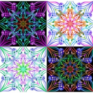 Könnte beinhalten: Ein farbenfrohes Mandala-Design mit vier verschiedenen Farbschemata. Jedes Mandala verfügt über einen zentralen Sternenausbruch mit komplizierten, wirbelnden Mustern in Blautönen, Grün, Rosa, Lila, Orange und Gelb.