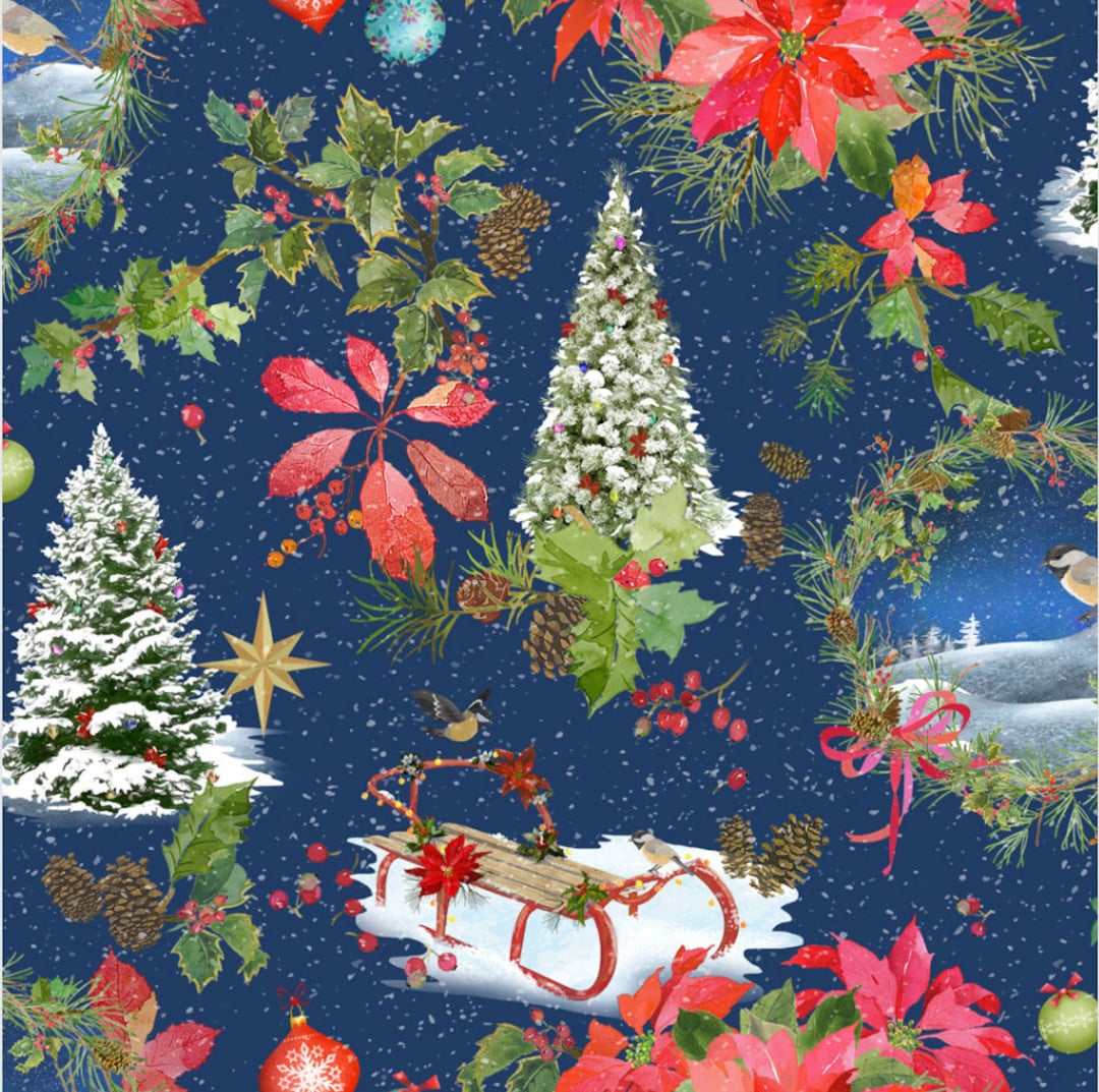 Christmas Fabric, Poinsettia Fabric, Winters Eve, Winter Scene Fabric ...