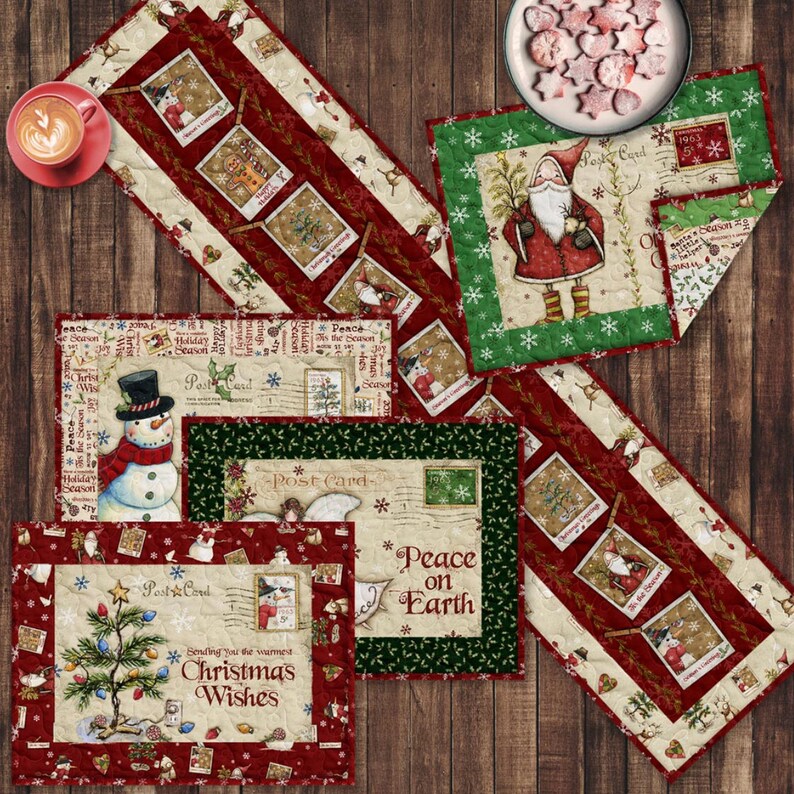 May include: Set of five Christmas-themed table runners with red, green, and white designs. The runners feature images of snowmen, Santa Claus, and Christmas trees with the text "Post Card" and "Peace on Earth".