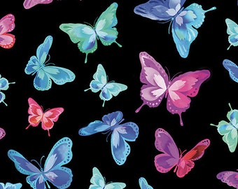 Butterfly Fabric, In Full Bloom, Luminous Blooms, Butterflies on Black, Turquoise Butterflies, Benartex, 12474-12