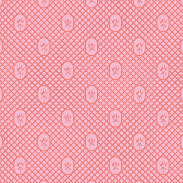 Floral Fabric, Lattice Fabric, Floral and Fauna, Sherbet Pink Lattice, Japanese Fabric, Leaf Fabric, Peach Fabric, by Andover, 9998-E