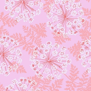 May include: A seamless pattern featuring white and pink stylized flowers on a light pink background. The flowers have a delicate, airy appearance with thin stems and multiple small petals.