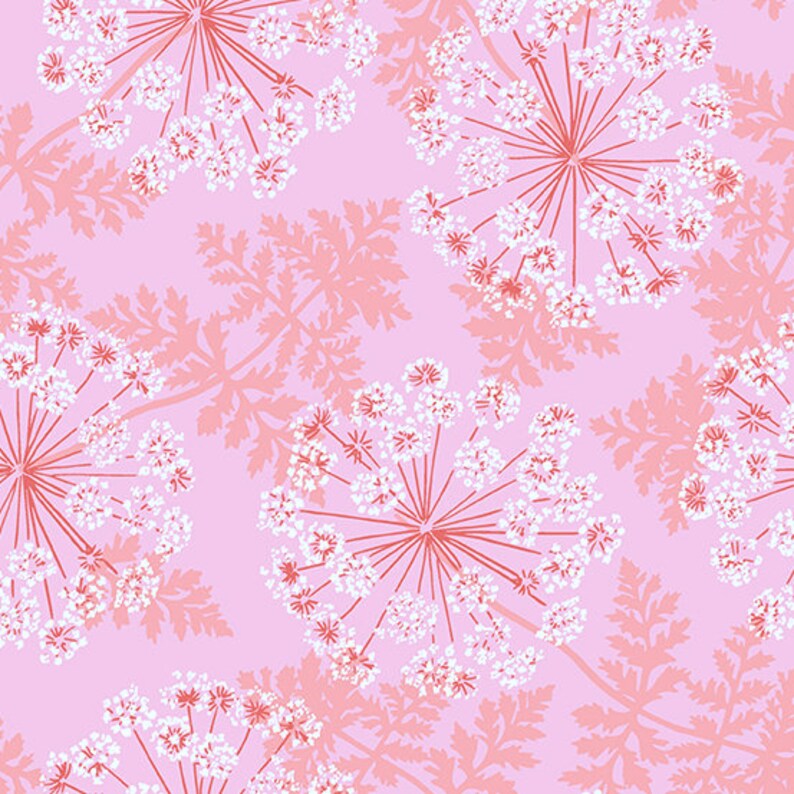 May include: A seamless pattern featuring white and pink stylized flowers on a light pink background. The flowers have a delicate, airy appearance with thin stems and multiple small petals.
