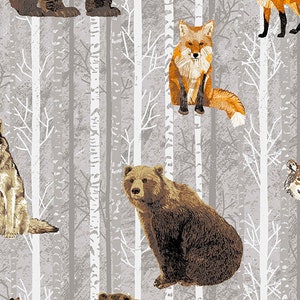 Animal Fabric, Winter Fabric, Reflections, In the Woods, Gray Fabric, Woodland Collage, by Andover, 145-C