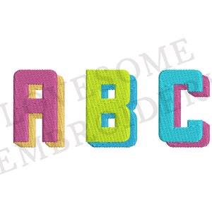 Pode incluir: Letras ABC em estilo 3D com um esquema de cores amarelo, rosa e azul.