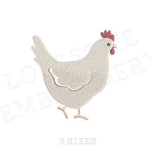 Pode incluir: Design de bordado de frango branco com crista e barbela vermelhas. O design está disponível em três tamanhos.