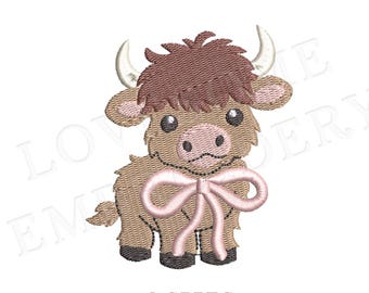 Bow Highland Cow Mini 2 Sizes Machine Embroidery Design, Cute Little Cow Baby Girl Embroidery File | Lovesome Design