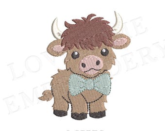 Bow Tie Highland Cow Mini 2 Sizes Machine Embroidery Design, Cute Little Cow Baby Boy Embroidery File | Lovesome Design