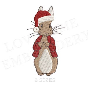 May include: An embroidered design of a rabbit wearing a red Santa hat and jacket. The rabbit is beige and white with black whiskers. The text "2 SIZES" is below the rabbit.