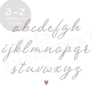 May include: A complete lowercase alphabet in a delicate, cursive font. The letters are in a light gray color, with a small pink heart at the bottom. The text "a-z LOWERCASE LETTERS" is in a gray circle at the top left.