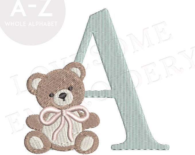 Featured listing image: Bow Teddy Monogram 4inch Alphabet A-Z Machine Embroidery Teddy Bear Font Digital Download | Lovesome Design