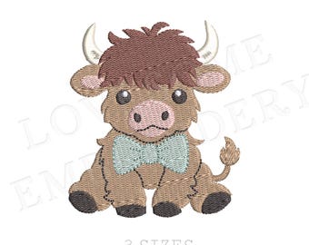Bow Tie Highland Cow Mini 2 Sizes Machine Embroidery Design, Cute Little Cow Baby Boy Embroidery File | Lovesome Design