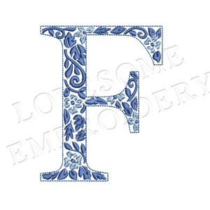 NUEVA fuente de bordado a máquina con la letra F de Chinoiserie de 4 pulgadas, letras de monograma elegantes azules, descarga digital / Lovesome Design