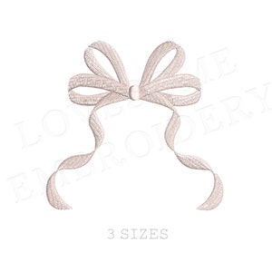 May include: A white satin ribbon tied into a bow with two long tails. The bow is a simple design with no embellishments.