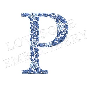 NUEVA fuente de bordado a máquina con la letra P de Chinoiserie de 4 pulgadas, letras de monograma elegantes azules, descarga digital / Lovesome Design