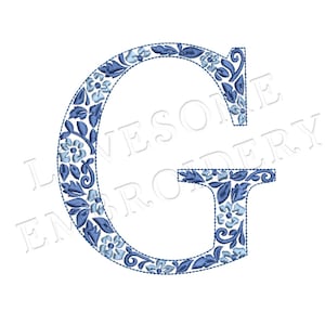 NUEVA fuente de bordado a máquina con la letra G de Chinoiserie de 4 pulgadas, letras de monograma elegantes azules, descarga digital / Lovesome Design