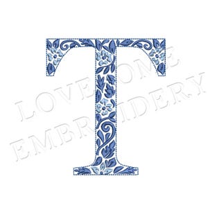 NUEVA fuente de bordado a máquina con la letra T de Chinoiserie de 4 pulgadas, letras de monograma elegantes azules, descarga digital / Lovesome Design
