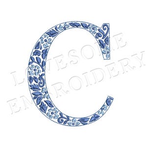 NUEVA fuente de bordado a máquina con la letra C de Chinoiserie de 4 pulgadas, letras de monograma elegantes azules, descarga digital / Lovesome Design