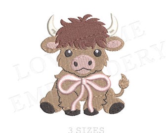 Bow Highland Cow Mini 2 Sizes Machine Embroidery Design, Cute Little Cow Baby Girl Embroidery File | Lovesome Design
