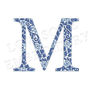 NUEVA fuente de bordado a máquina con la letra M de Chinoiserie de 4 pulgadas, letras de monograma elegantes azules, descarga digital / Lovesome Design