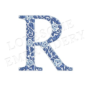 NUEVA fuente de bordado a máquina con la letra R de Chinoiserie de 4 pulgadas, letras de monograma elegantes azules, descarga digital / Lovesome Design