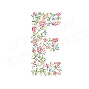 NEW Floral Letter E 8inch A-Z Machine Embroidery Design Dainty Flowers Letters in Spring Colors Digital Download | Lovesome Design