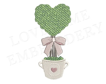 Pastel Heart Topiary 4X4 Embroidery Design, Chinoiserie Chic Topiary in a Pot with Bow Digital Download | Lovesome Design