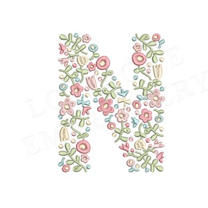 NUEVA letra floral N 8 pulgadas A-Z diseño de bordado de máquina letras de flores delicadas en colores primaverales descarga digital / diseño encantador