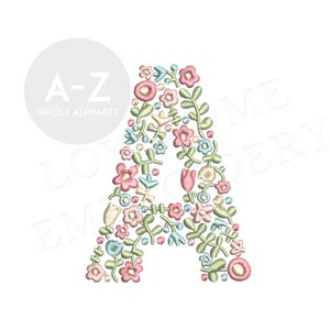 NUEVA fuente de bordado a máquina con letras florales de 4 pulgadas de la A a la Z, delicadas flores en colores primaverales, descarga digital / Lovesome Design