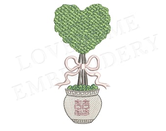 Chinoiserie Heart Topiary 4X4 Embroidery Design, Valentines Day Heart Shaped Topiary in a Pot with Bow Digital Download | Lovesome Design