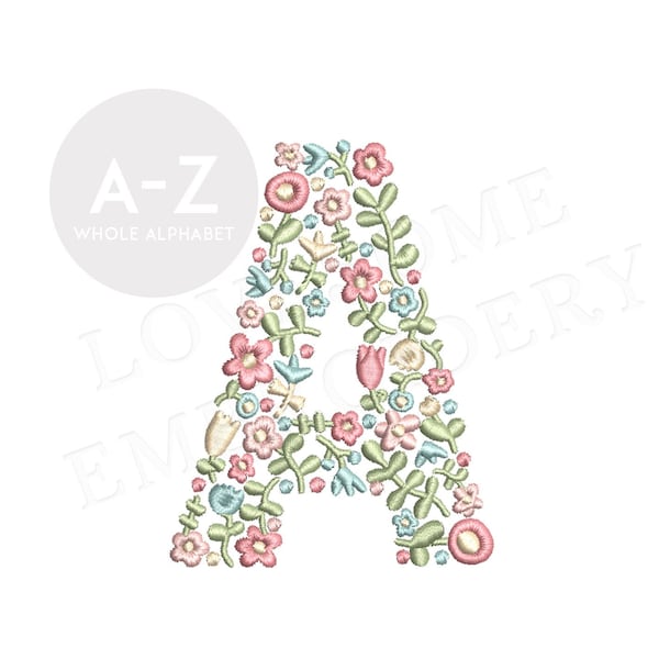 NEU Florales Alphabet 3 Zoll A-Z Maschinenstickschrift Zierliche Blumen Buchstaben in Frühlingsfarben Digitaler Download | Liebevolles Design