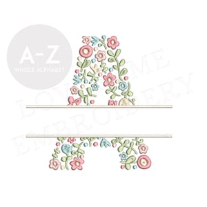 NUEVA fuente de bordado a máquina con letras divididas de flores de la A a la Z de 4 pulgadas con diseño floral dividido, delicadas flores en colores primaverales, descarga digital / Lovesome Design