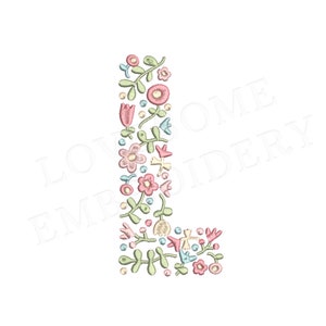 NOVA Carta Floral L 8 polegadas A-Z Design de Bordado à Máquina Letras de Flores Delicadas em Cores da Primavera Download Digital | Design adorável