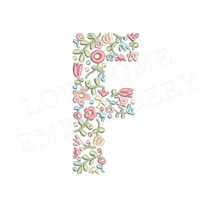 NUEVA letra floral F 8 pulgadas A-Z diseño de bordado de máquina letras de flores delicadas en colores primaverales descarga digital / diseño encantador
