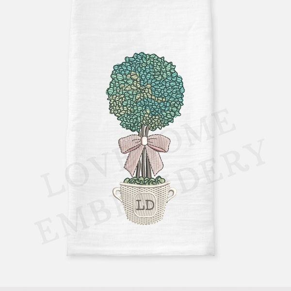 Pastel Topiary 4X4 Embroidery Design, Chinoiserie Chic Topiary in a Pot with Bow Digital Download | Lovesome Design