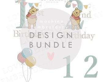 BUNDLE Pooh Bear Baby Birthday ALL SIZES Machine Embroidery Design Bundle (Digital Download)  | Lovesome Design